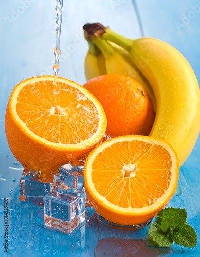 Fresh Fruits with Water Splash - Oranges and Bananas on Ice.