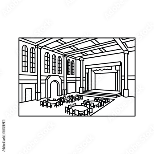 Empty grand hall with a stage and round tables, ready for a banquet or conference event