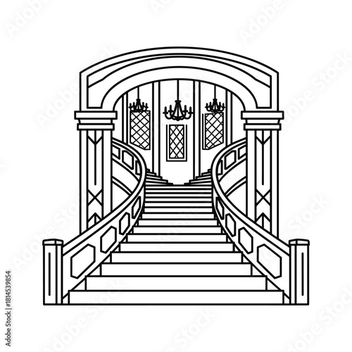 Elegant grand staircase with curved design, columns, archway, and chandeliers in a luxurious setting