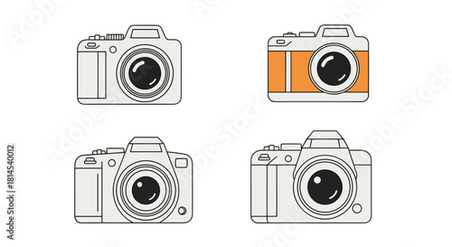 Four minimalist line art icons of digital cameras on a white background.
