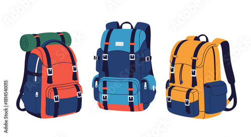 Three colorful hiking backpacks for travel and outdoor adventures are displayed against a white background.