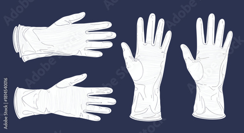 Line art illustrations of white medical gloves on a dark blue background.
