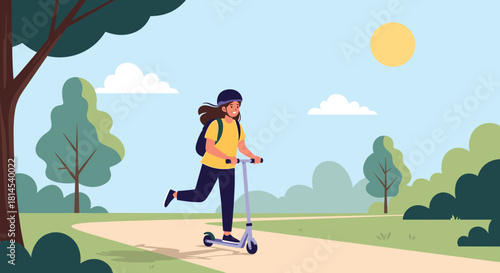 A young person with a backpack rides a scooter through a park on a sunny day.
