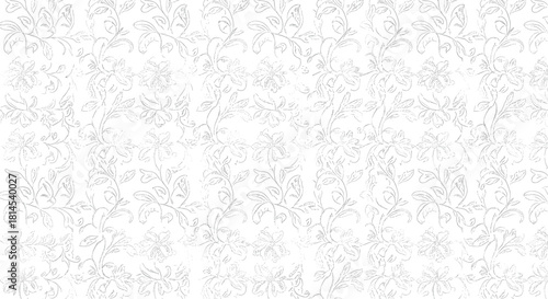 Seamless white floral pattern with delicate botanical illustrations and intricate line art.
