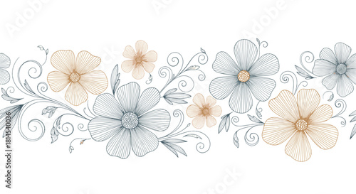 Seamless decorative border with delicate line art flowers and swirling vines in blue and orange tones.