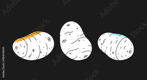 Cartoon illustration of three stylized potatoes with black outlines and simple features on a dark background.