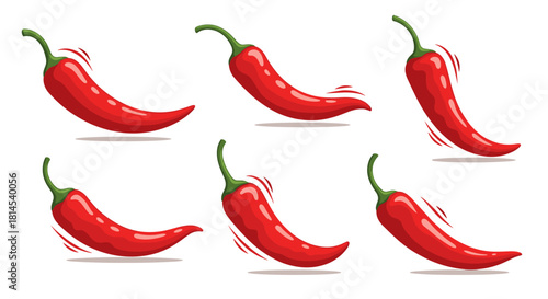 Collection of six red chili peppers with green stems arranged in two rows on a white background.