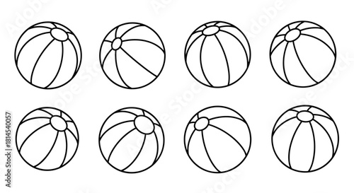 Collection of eight black and white line drawings of beach balls in a two-by-four grid.
