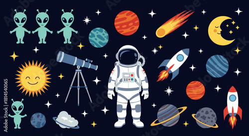 Whimsical cartoon space scene with aliens, astronaut, planets, rockets, and a smiling sun.