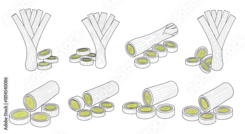Collection of leek illustrations, showing whole and sliced vegetables on a white background.