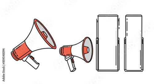 Illustration of two megaphones and two rectangular screens on a white background.