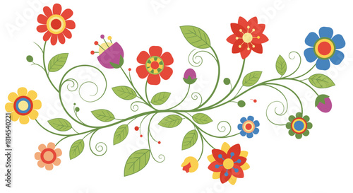 Decorative floral vine with colorful folk art flowers and green leaves on white background.