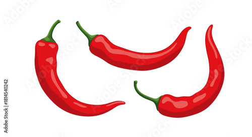 Three vibrant red chili peppers with green stems arranged against a white background.