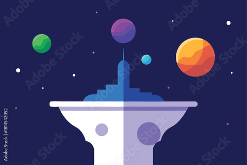 Space city and colorful planets in cosmic expanse. Vector