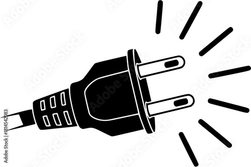 Illustration of a two pronged electrical plug with radiating lines on a white background drawing style
