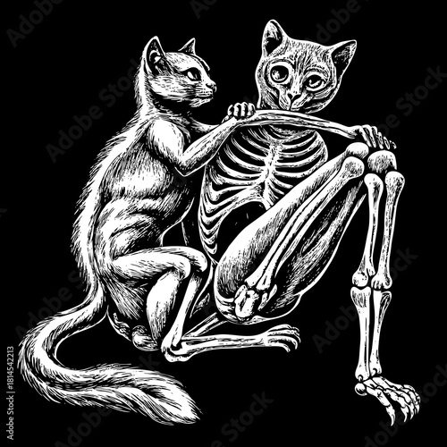 Whimsical cat interacting with a skeletal figure silhouette isolated on white background