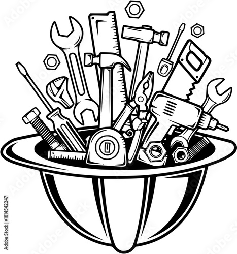 A black and white vector illustration of a construction hard hat filled with tool icons