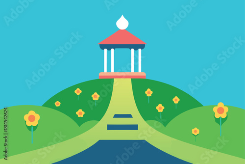 Garden gazebo on green hill with path and flowers Vector