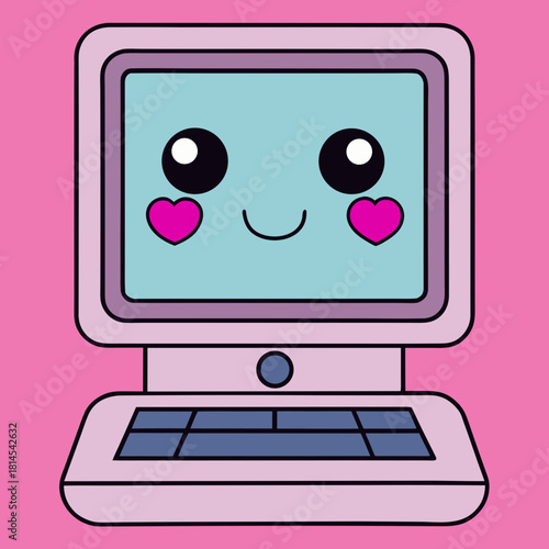 Cute kawaii computer with heart cheeks silhouette isolated on white background