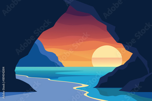 Sunset from cave entrance over tranquil ocean beach Vector