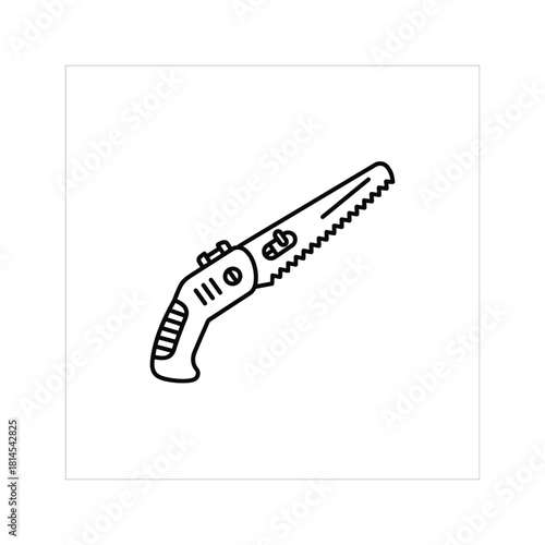 Simple black and white line art drawing of a small hand saw with serrated blade, isolated on