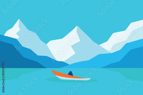 Flat design vector illustration of mountain lake with canoe Vector