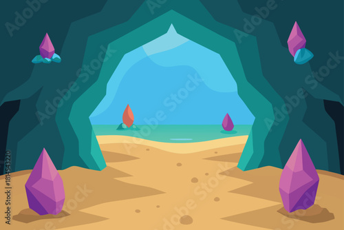 Enchanting cave entrance leads to sunny beach with gems Vector