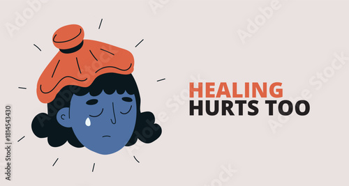 Cartoon vector illustration of a sad woman with a hot or cold compress on her head symbolizing headache or discomfort