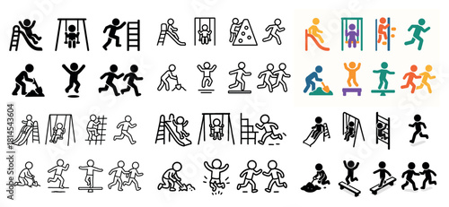 Stick figure kids playing on swings and slides