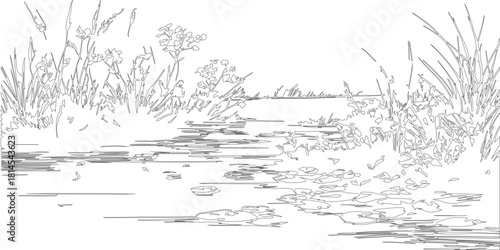 vector illustration of a landscape or sketch art vector silhouette of soil surface natural view with various small plants.