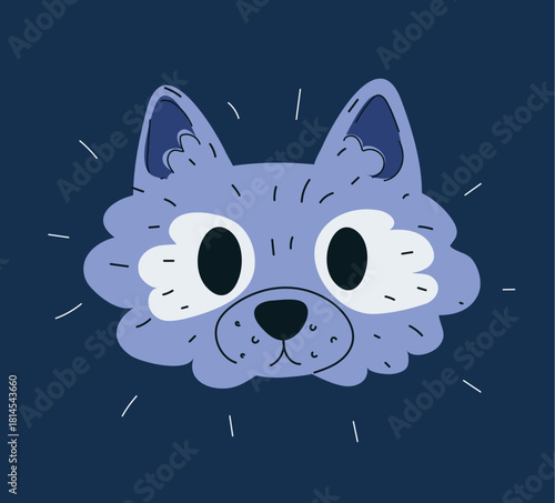Cartoon vector illustration of a wolf’s face showing strength and wild nature against dark background