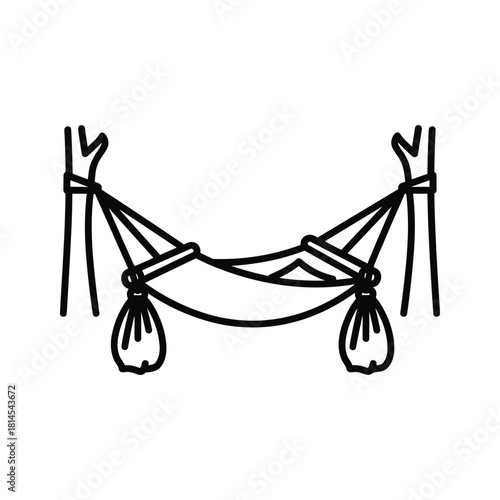 Simple black and white line icon drawing of a fabric hammock suspended between two tree trunks, isolated on