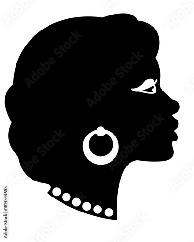 A woman's face in profile, with earrings and a necklace - a vector silhouette of a female head for a logo, pictogram, or stencil. Beautiful female profile.