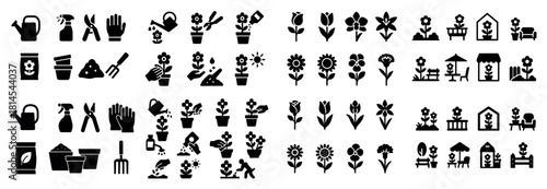 Garden tools and plant care icon set