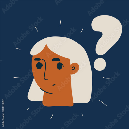 Cartoon vector illustration of a woman with a question mark above her head symbolizing curiosity, doubt, or confusion