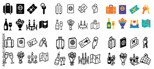 Travel icons: suitcases, passports, maps, and keys