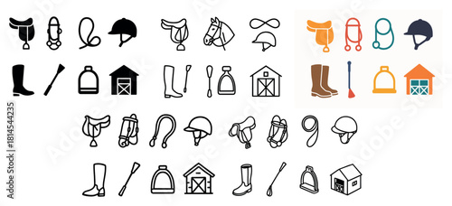 Equestrian icons collection: saddles, helmets, boots