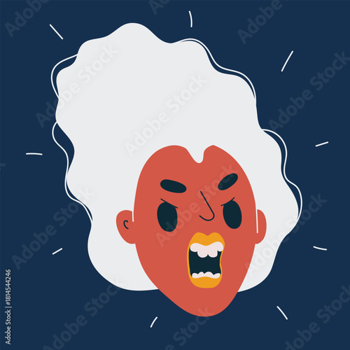 Cartoon vector illustration of an angry woman’s face expressing rage and frustration against dark background