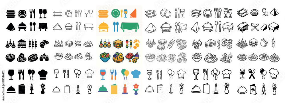 Fototapeta premium Colorful and outline dining icons collection