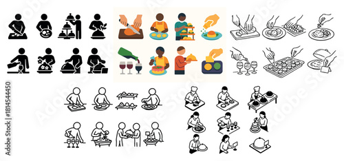 Diverse cooking and dining icons in various styles