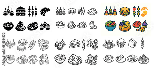 Assorted food icons in monochrome and color