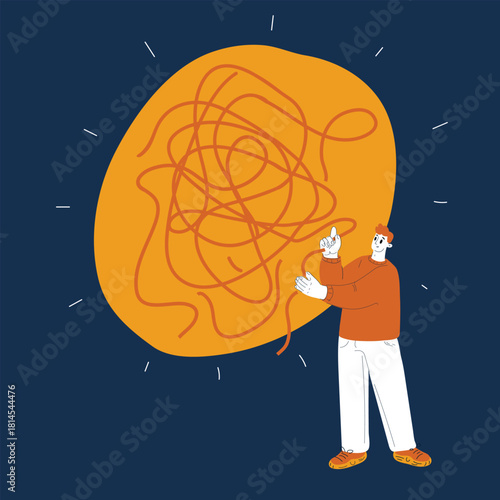 Cartoon vector illustration of a man untangling a knotted thread symbolizing problem solving, patience, and focus against dark background