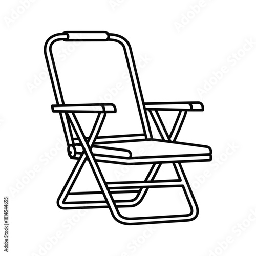 Simple black and white line art drawing of a folding chair with armrests, isolated on