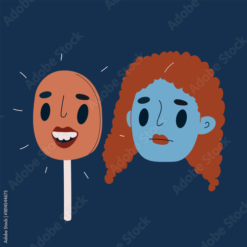Cartoon vector illustration of a sad woman wearing a smiling mask symbolizing hidden emotions and facade against dark background