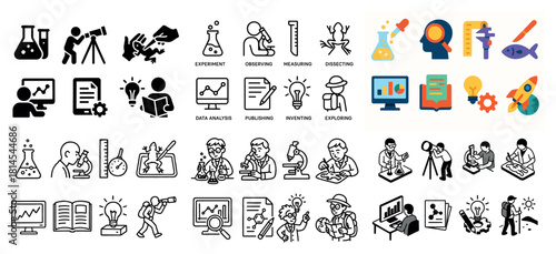 Science exploration icons in black and color