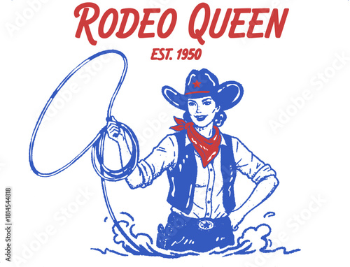 Vintage western emblem illustration of a rodeo queen cowgirl with her horse and lasso, grunge style.