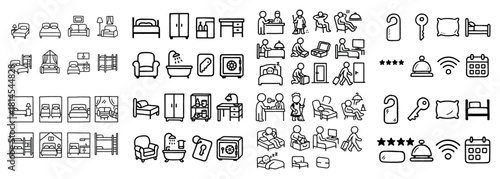 Hotel icon set: beds, amenities, services, activities