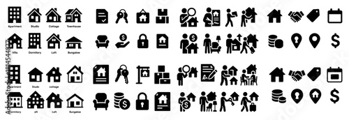 Black icons set: housing, people, business, security