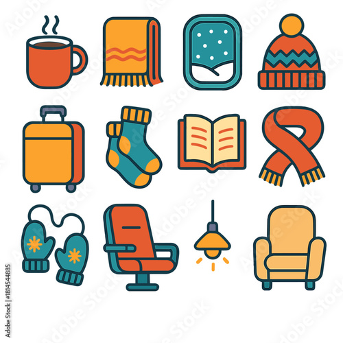 Cozy Winter Train Journey. Cozy Travel flat icon set : hot cocoa, wool blanket, train window, knitted hat, suitcase, fuzzy socks, reading book, scarf, mittens, snow outside, warm