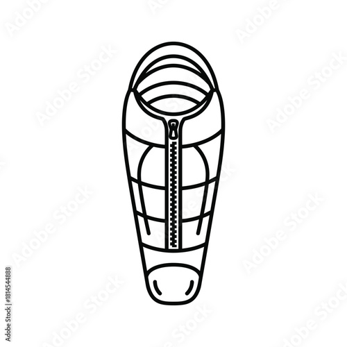 Simple black and white line art icon of a mummy style sleeping bag with a zipper, isolated on
